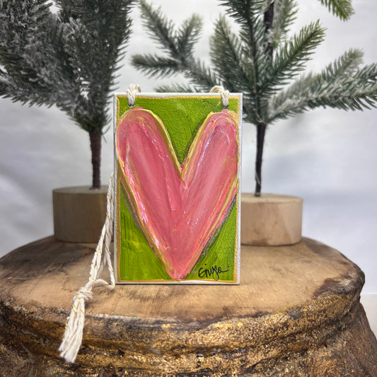 Coral Heart Green Background Wood Ornament